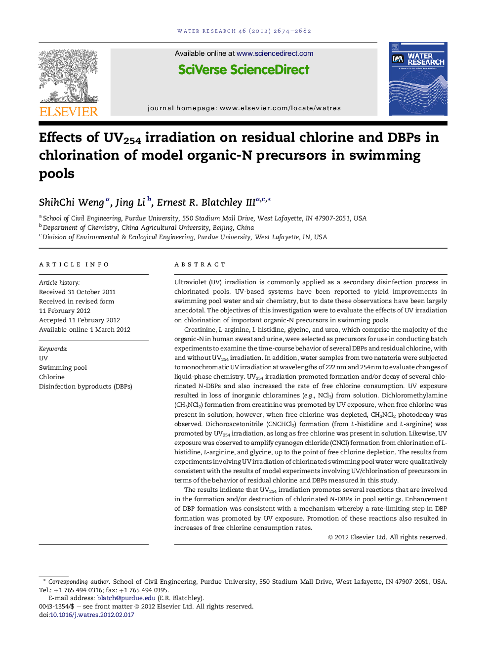 Effects of UV254 irradiation on residual chlorine and DBPs in chlorination of model organic-N precursors in swimming pools