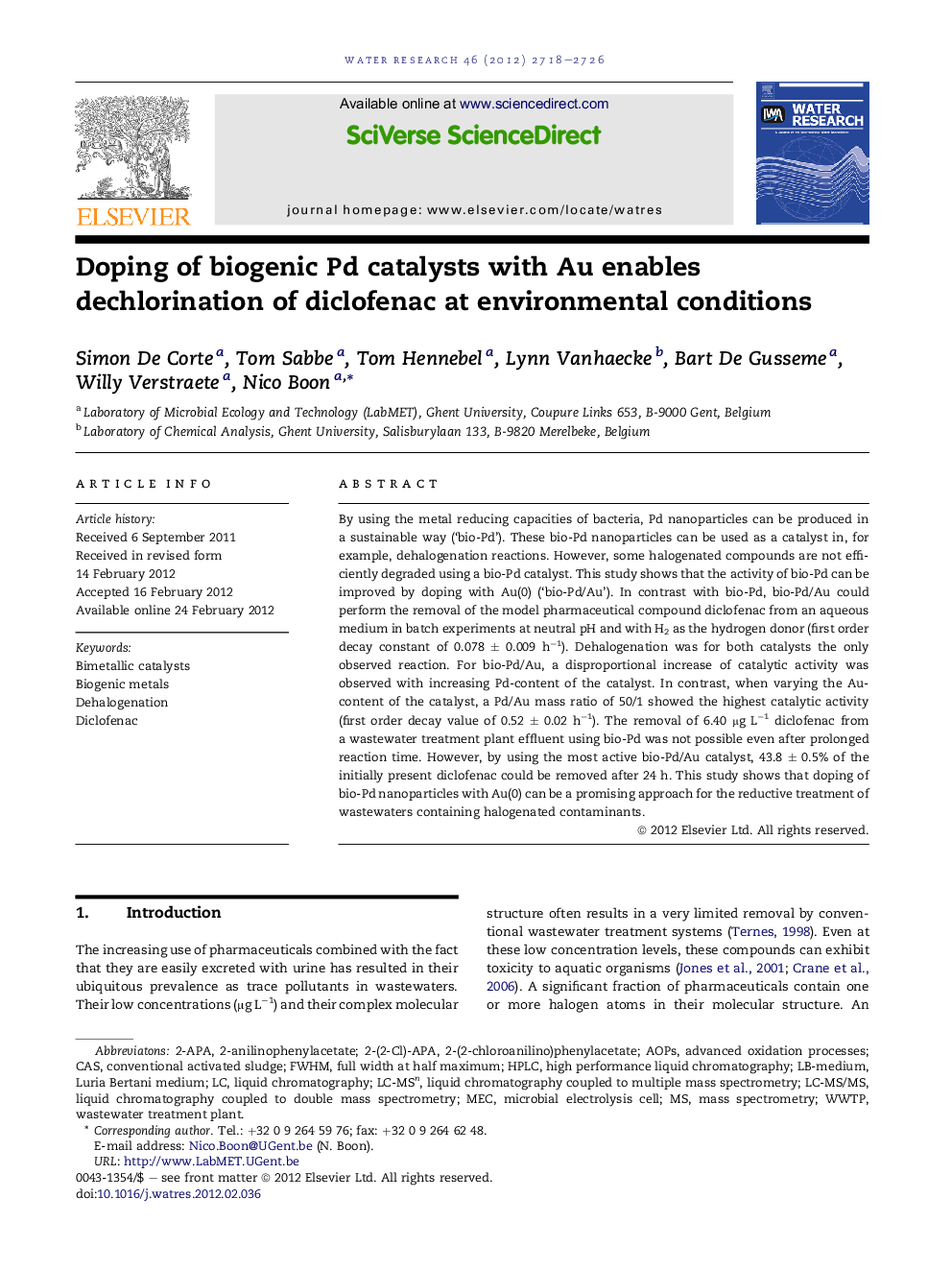 Doping of biogenic Pd catalysts with Au enables dechlorination of diclofenac at environmental conditions