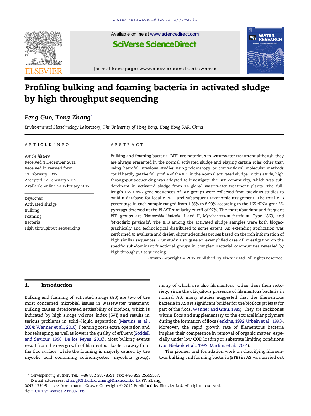 Profiling bulking and foaming bacteria in activated sludge by high throughput sequencing