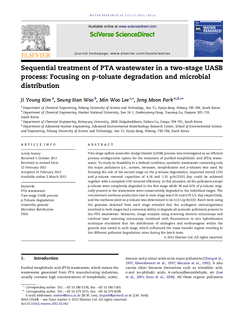 Sequential treatment of PTA wastewater in a two-stage UASB process: Focusing on p-toluate degradation and microbial distribution