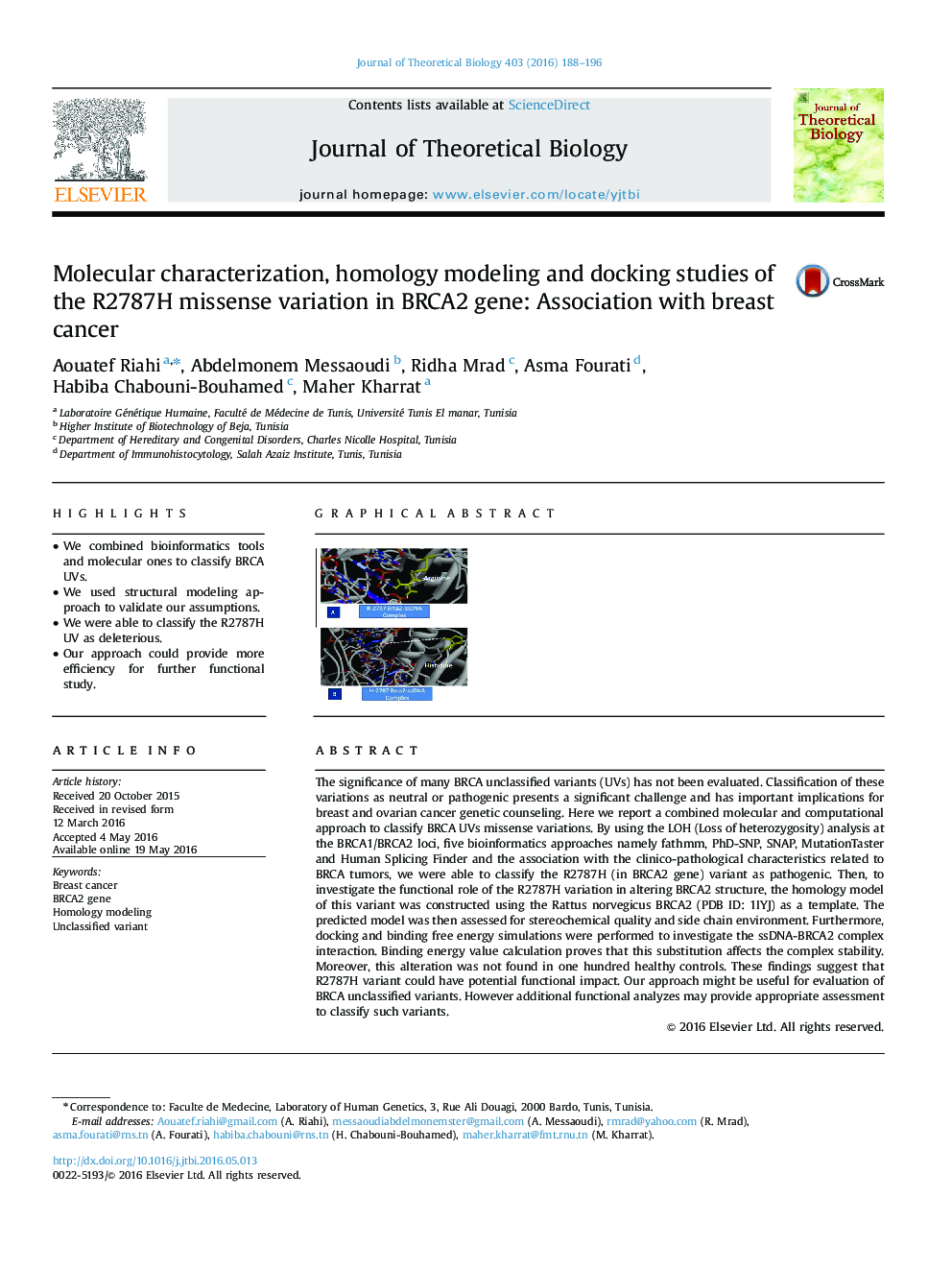 Molecular characterization, homology modeling and docking studies of the R2787H missense variation in BRCA2 gene: Association with breast cancer