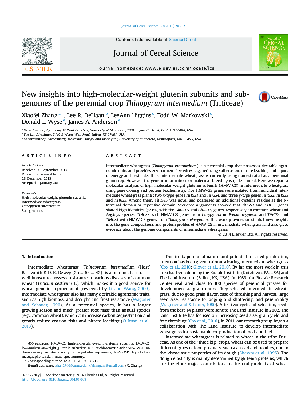 New insights into high-molecular-weight glutenin subunits and sub-genomes of the perennial crop Thinopyrum intermedium (Triticeae)