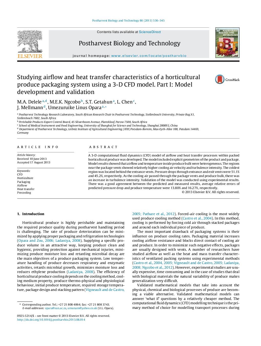 Studying airflow and heat transfer characteristics of a horticultural produce packaging system using a 3-D CFD model. Part I: Model development and validation