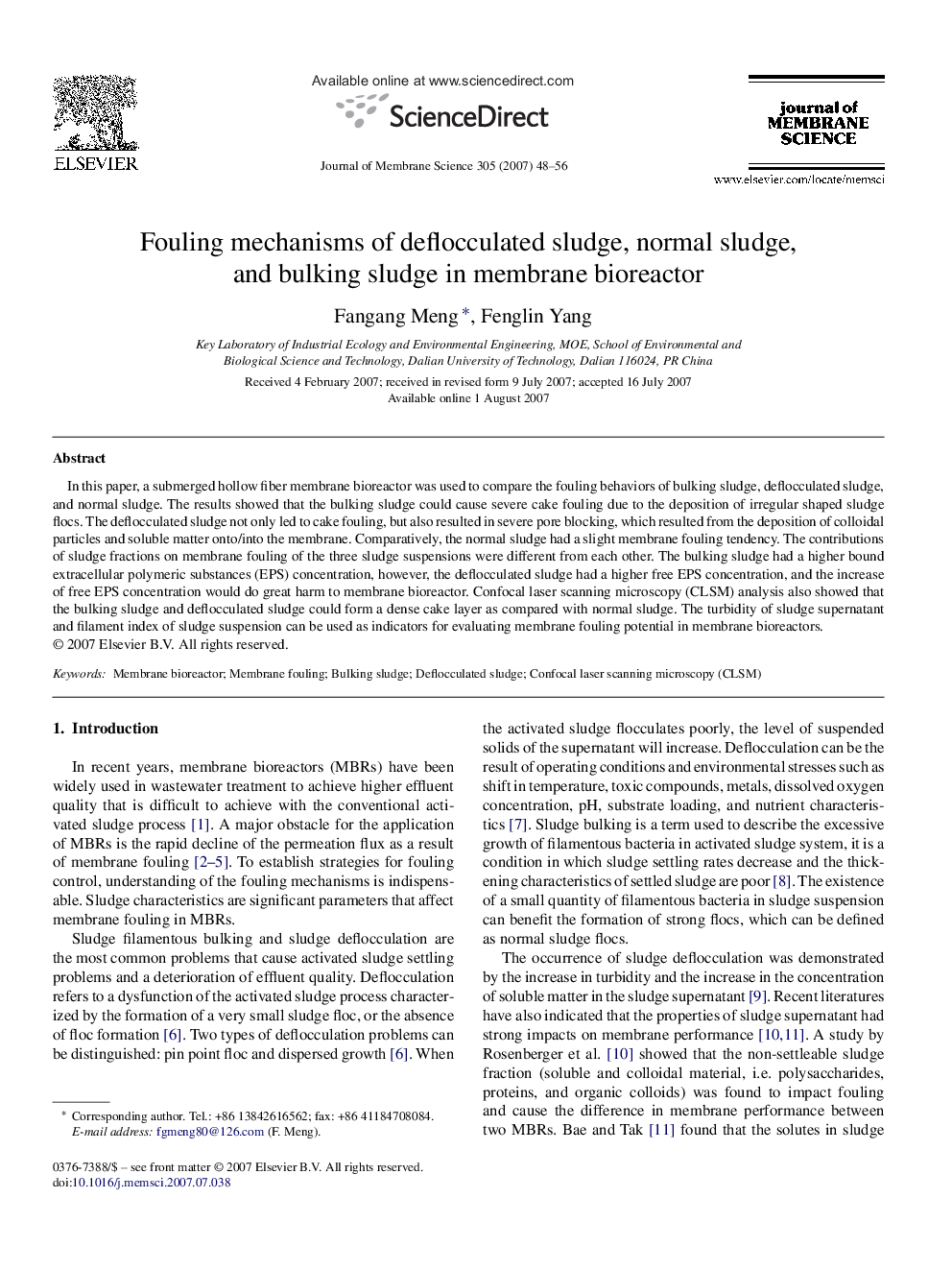 Fouling mechanisms of deflocculated sludge, normal sludge, and bulking sludge in membrane bioreactor