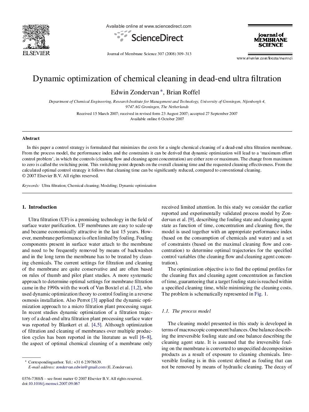 Dynamic optimization of chemical cleaning in dead-end ultra filtration