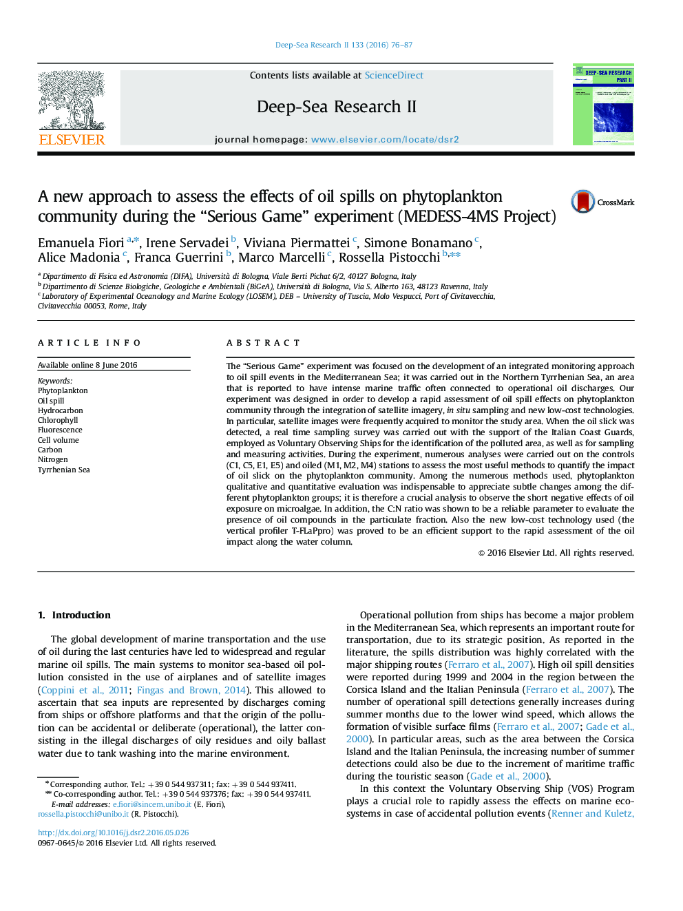 A new approach to assess the effects of oil spills on phytoplankton community during the “Serious Game” experiment (MEDESS-4MS Project)