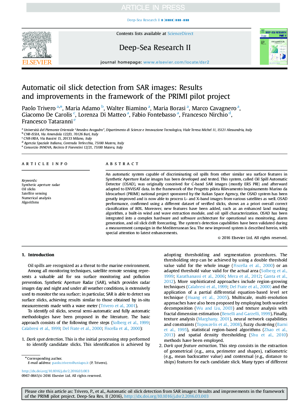 Automatic oil slick detection from SAR images: Results and improvements in the framework of the PRIMI pilot project