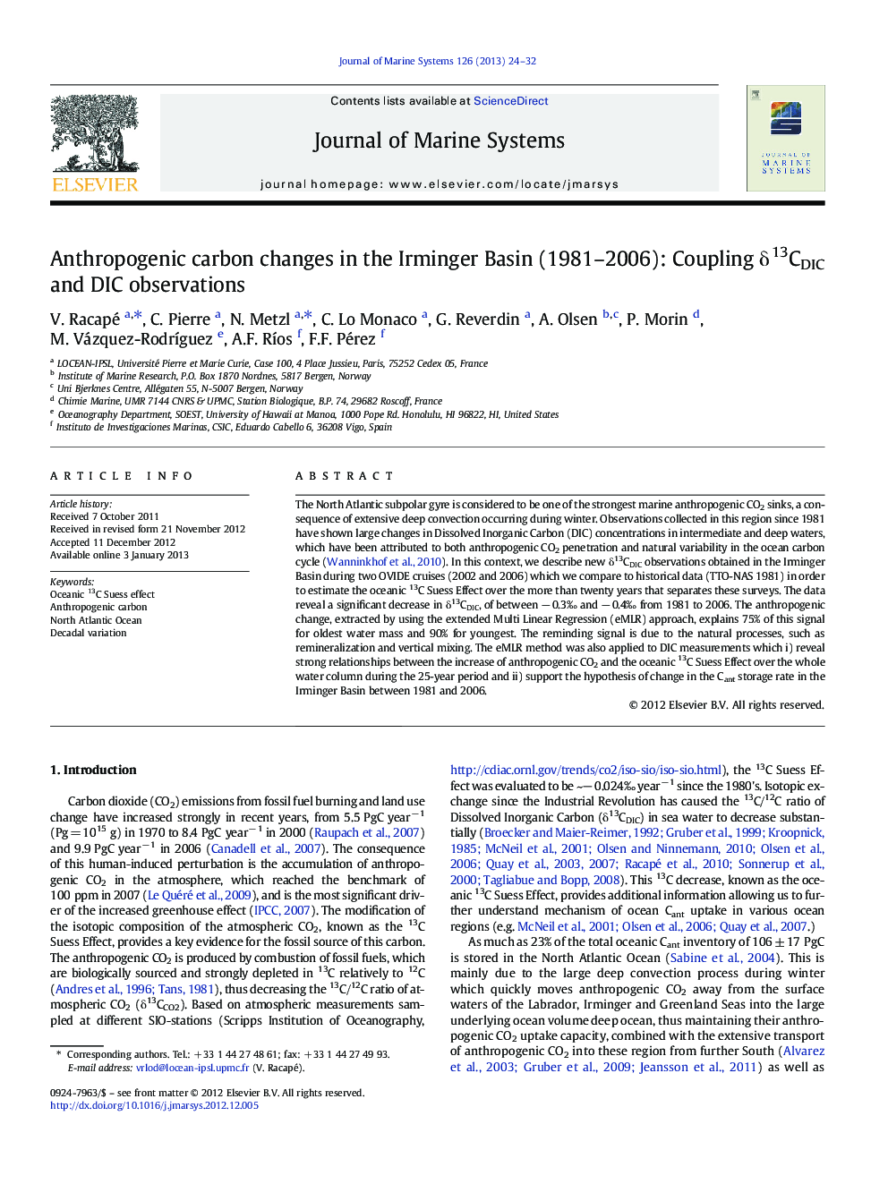 Anthropogenic carbon changes in the Irminger Basin (1981-2006): Coupling Î´13CDIC and DIC observations