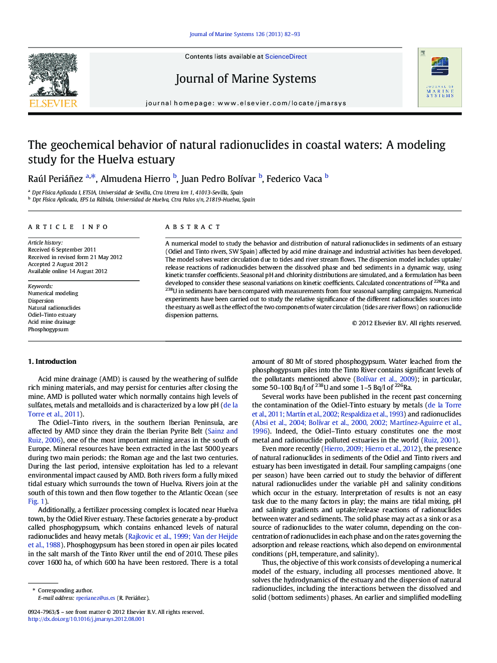 رفتار ژئوشیمیایی رادیونوکلئید های طبیعی در آبهای ساحلی: یک مطالعه مدلسازی برای رسوب هوالو 