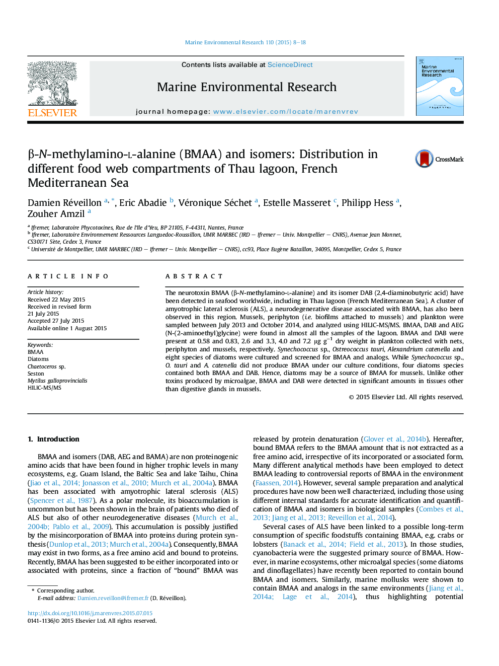 Î²-N-methylamino-l-alanine (BMAA) and isomers: Distribution in different food web compartments of Thau lagoon, French Mediterranean Sea