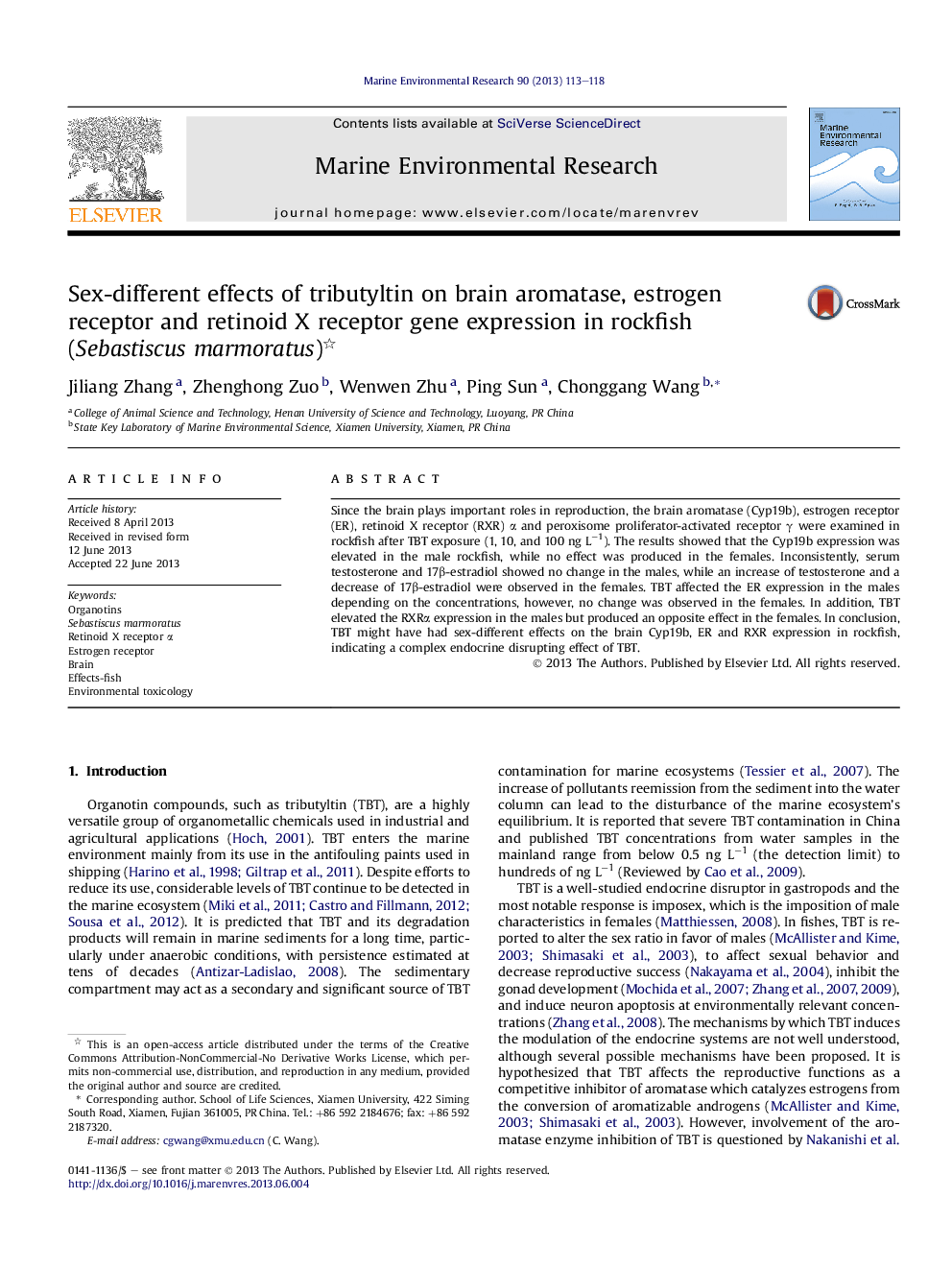 Sex-different effects of tributyltin on brain aromatase, estrogen receptor and retinoid X receptor gene expression in rockfish (Sebastiscus marmoratus)