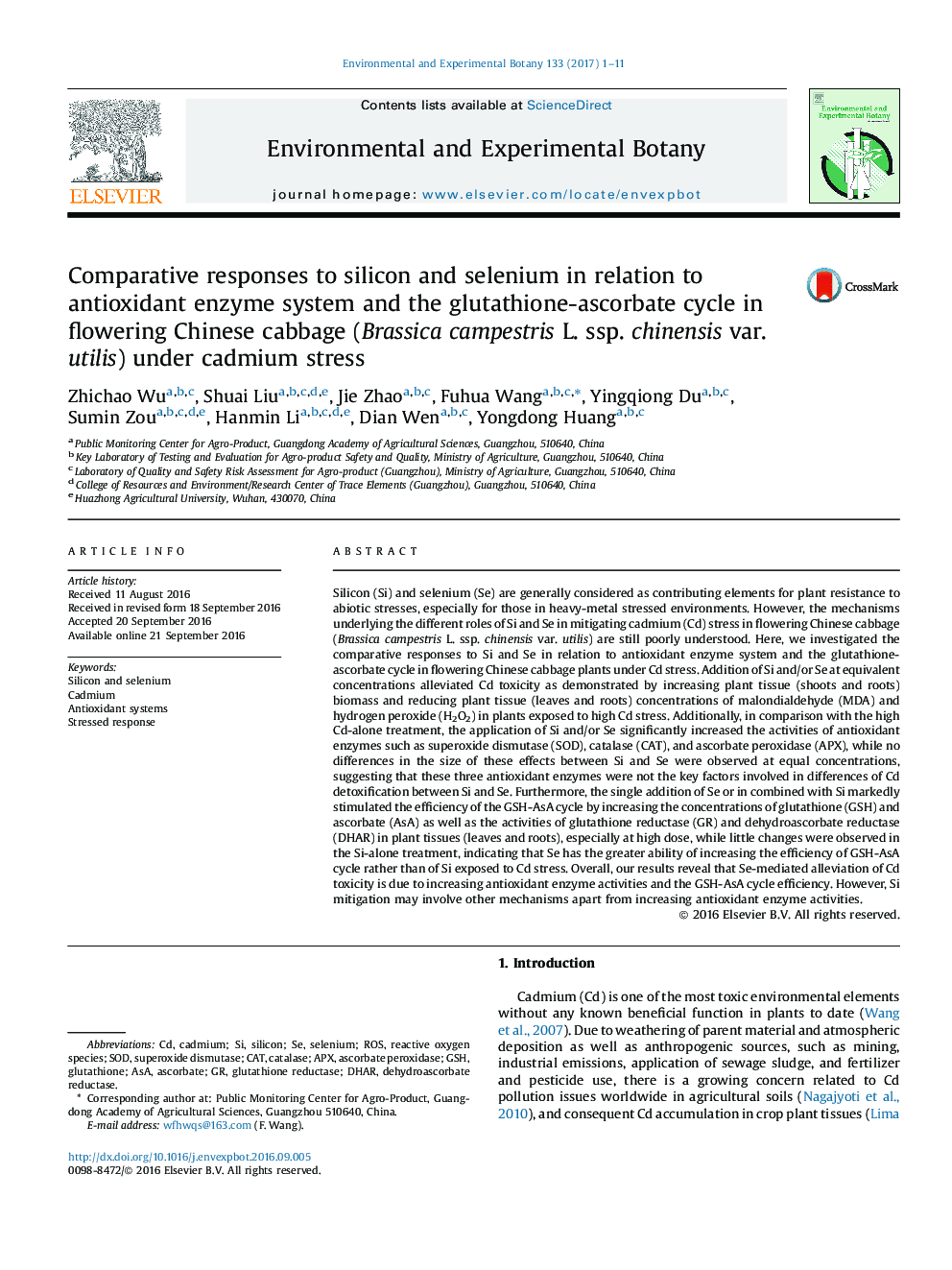 Comparative responses to silicon and selenium in relation to antioxidant enzyme system and the glutathione-ascorbate cycle in flowering Chinese cabbage (Brassica campestris L. ssp. chinensis var. utilis) under cadmium stress