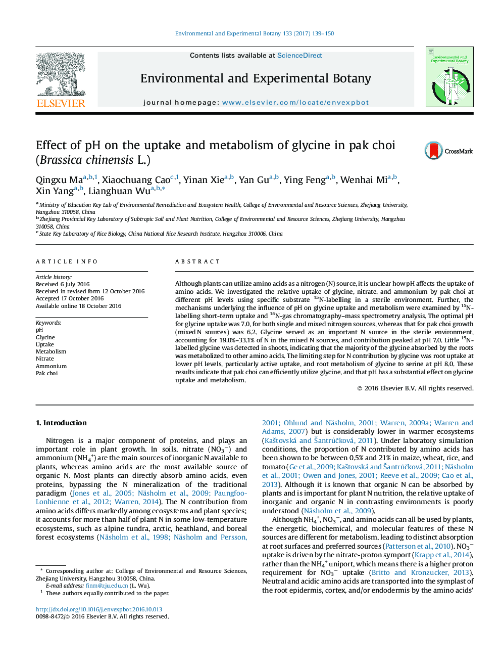 Effect of pH on the uptake and metabolism of glycine in pak choi (Brassica chinensis L.)