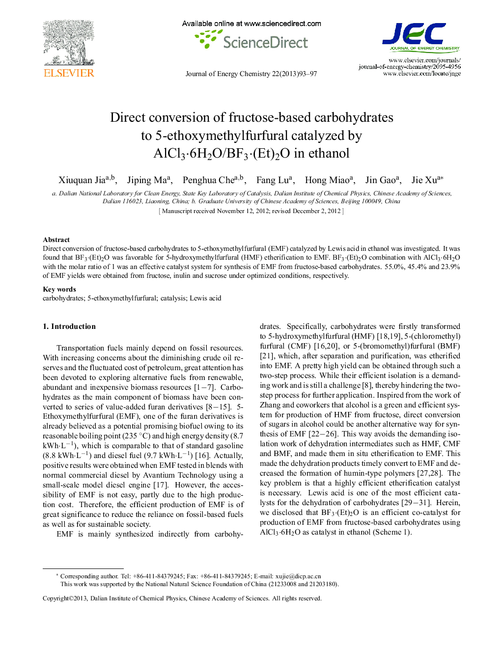 Direct conversion of fructose-based carbohydrates to 5-ethoxymethylfurfural catalyzed by AlCl3·6H2O/BF3·(Et)2O in ethanol 