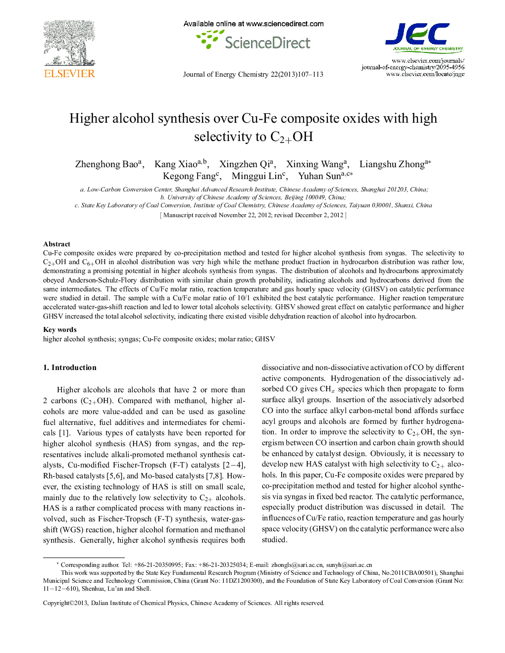 Higher alcohol synthesis over Cu-Fe composite oxides with high selectivity to C2+OH 