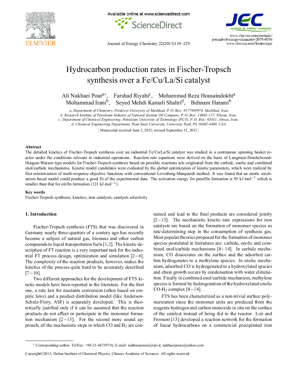 Hydrocarbon production rates in Fischer-Tropsch synthesis over a Fe/Cu/La/Si catalyst
