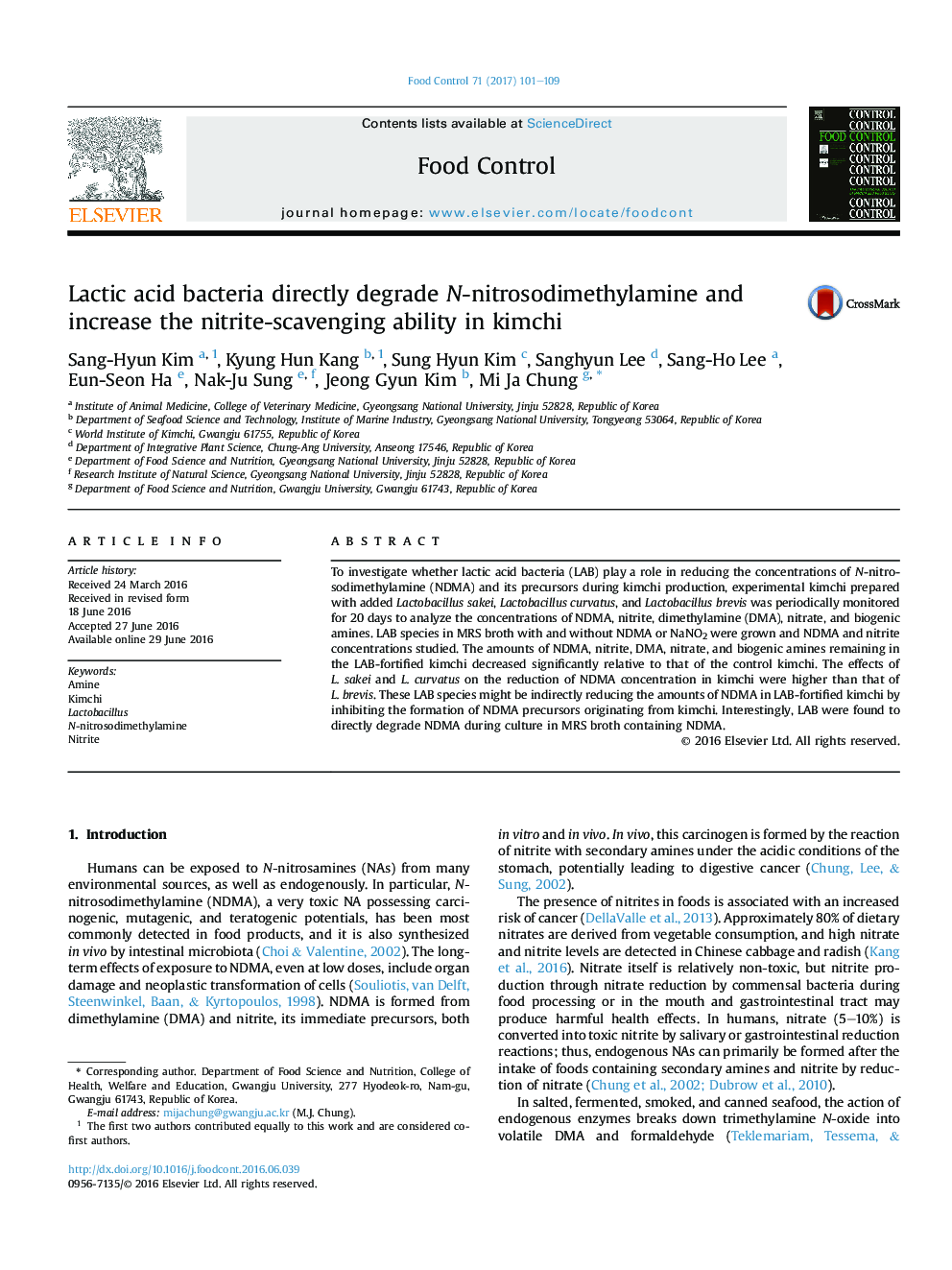 Lactic acid bacteria directly degrade N-nitrosodimethylamine and increase the nitrite-scavenging ability in kimchi