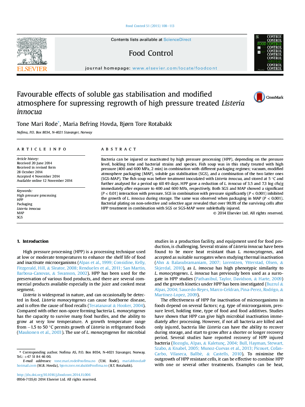 Favourable effects of soluble gas stabilisation and modified atmosphere for supressing regrowth of high pressure treated Listeria innocua