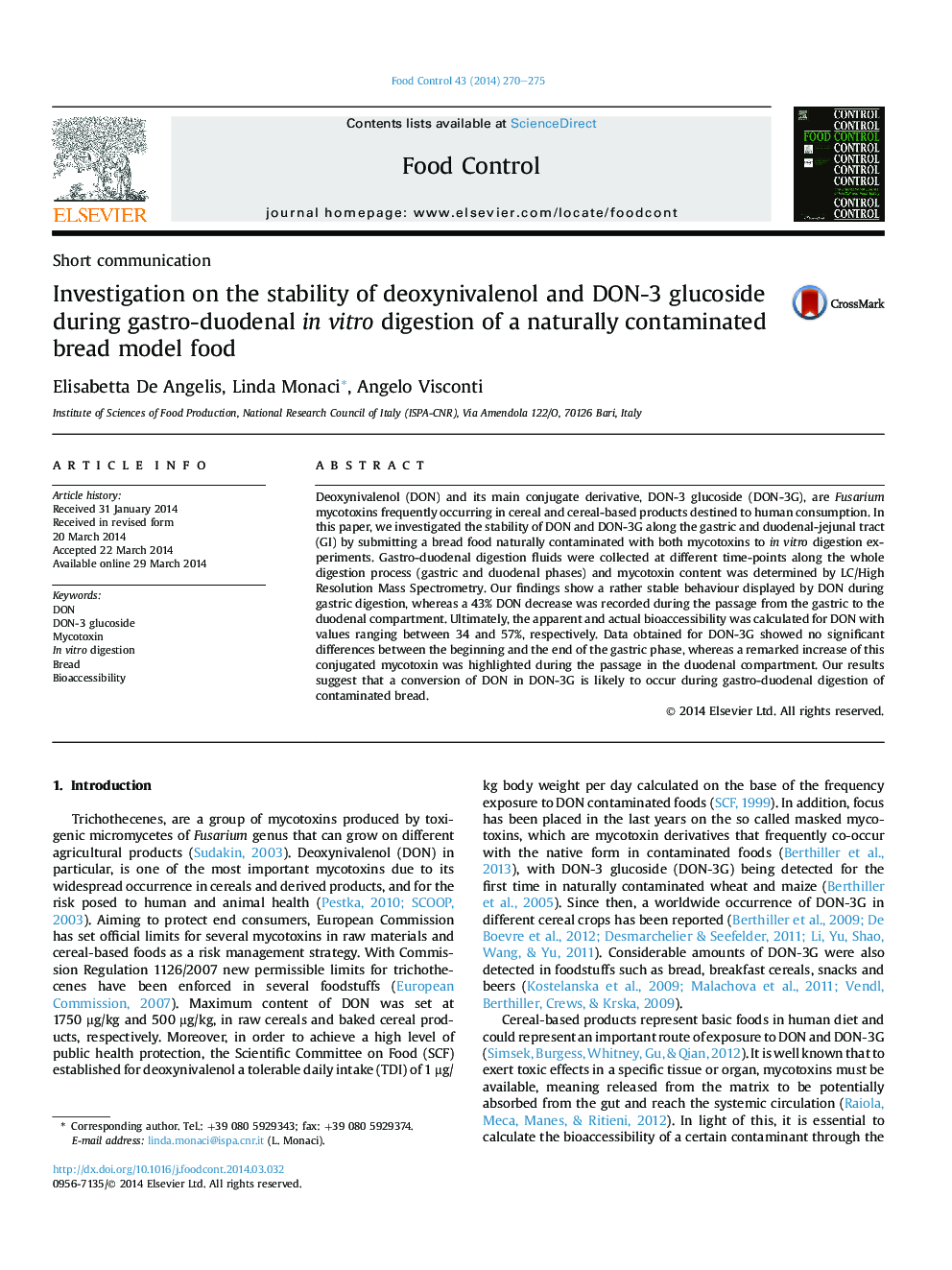 Short communicationInvestigation on the stability of deoxynivalenol and DON-3 glucoside during gastro-duodenal inÂ vitro digestion of a naturally contaminated bread model food