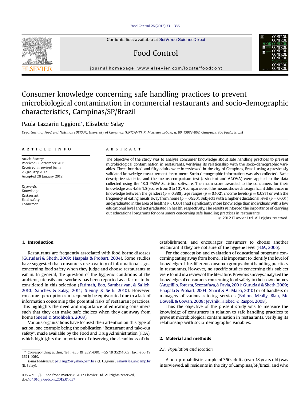 Consumer knowledge concerning safe handling practices to prevent microbiological contamination in commercial restaurants and socio-demographic characteristics, Campinas/SP/Brazil