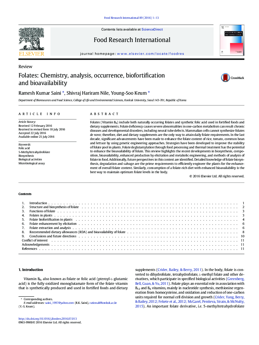 ReviewFolates: Chemistry, analysis, occurrence, biofortification and bioavailability