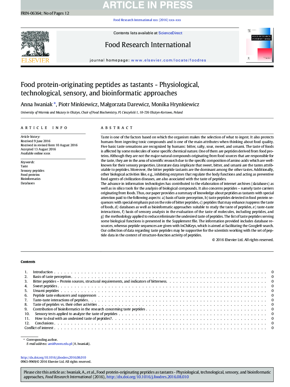 پپتید های پروتئینی غذایی به عنوان مشتقات - رویکردهای فیزیولوژیکی، تکنولوژیکی، حسی و بیوانفورماتیک 