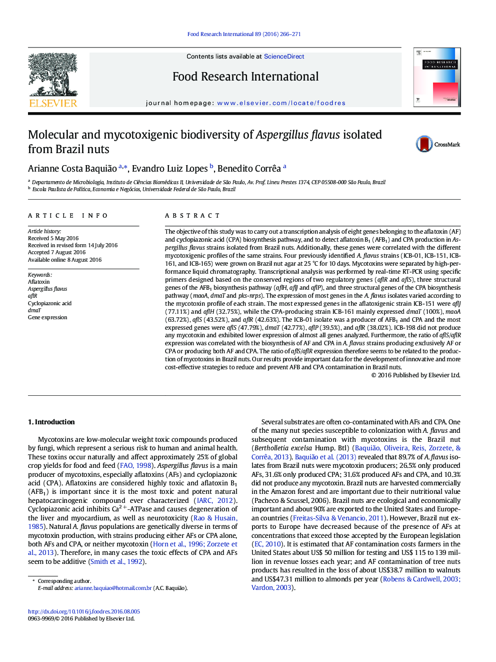 Molecular and mycotoxigenic biodiversity of Aspergillus flavus isolated from Brazil nuts
