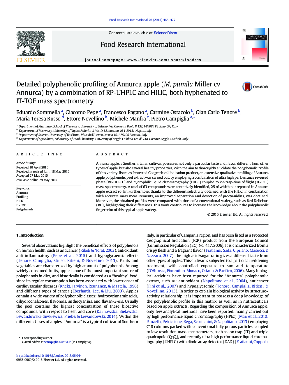 Detailed polyphenolic profiling of Annurca apple (M. pumila Miller cv Annurca) by a combination of RP-UHPLC and HILIC, both hyphenated to IT-TOF mass spectrometry
