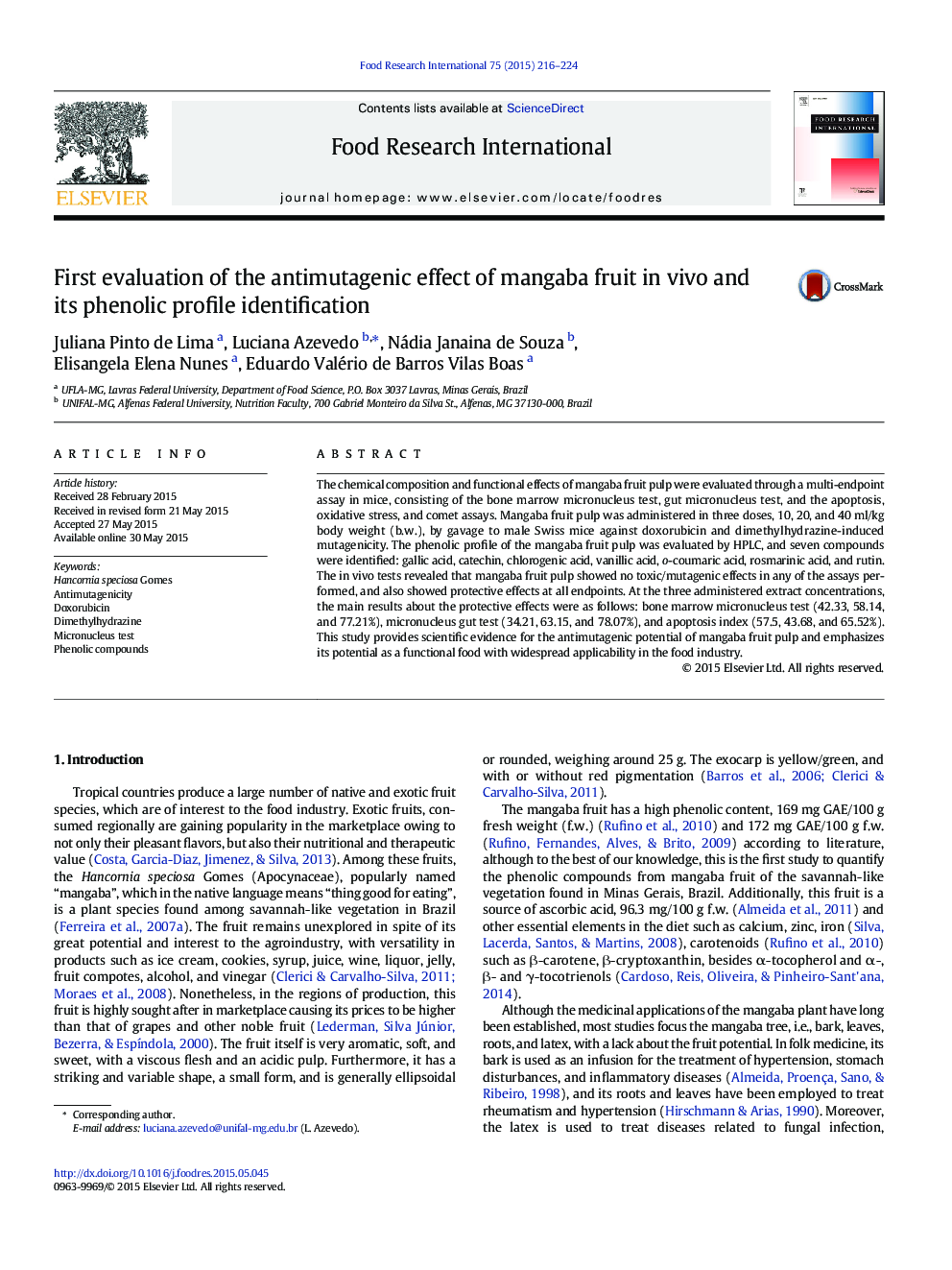 First evaluation of the antimutagenic effect of mangaba fruit in vivo and its phenolic profile identification