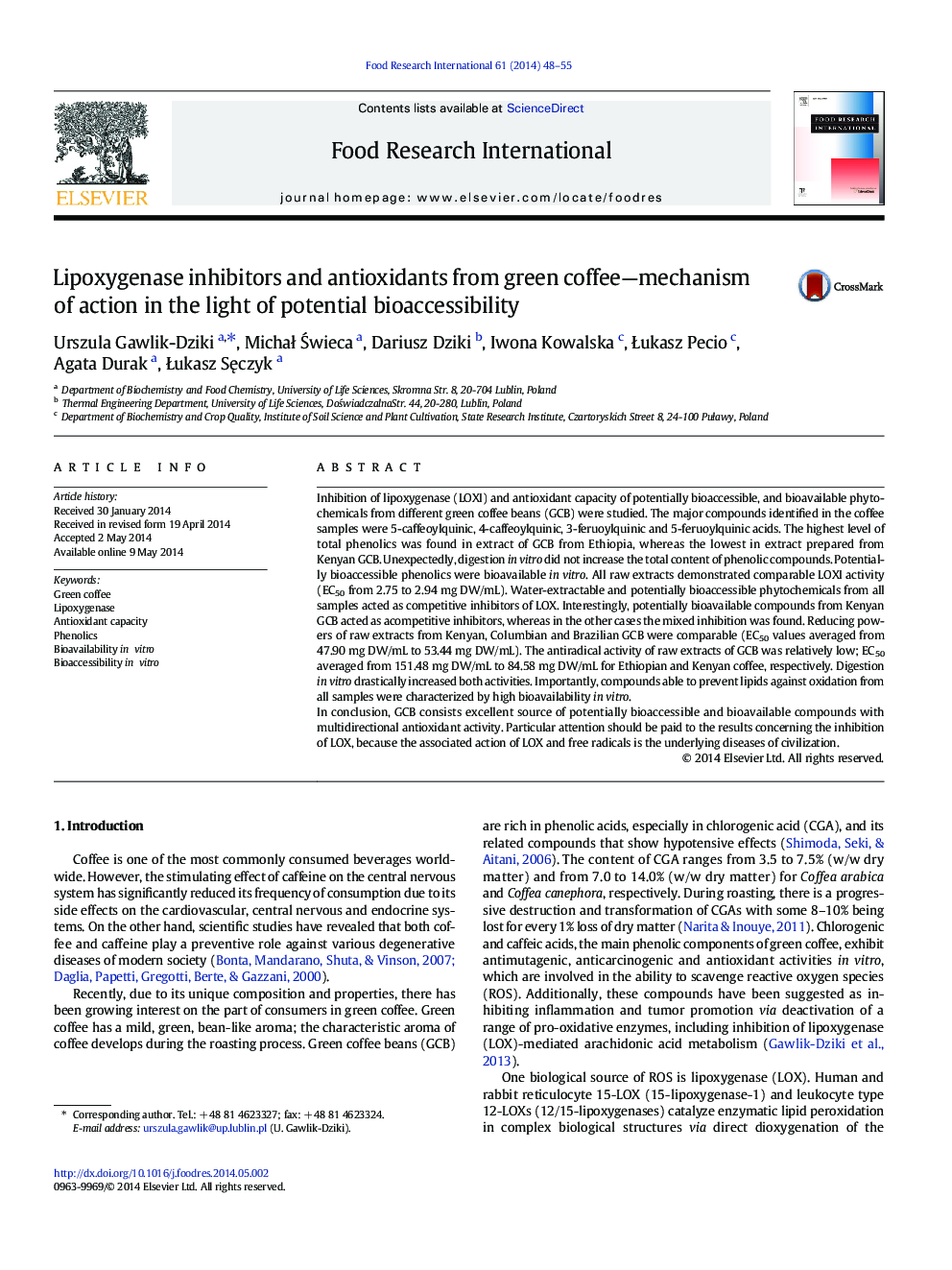 Lipoxygenase inhibitors and antioxidants from green coffee-mechanism of action in the light of potential bioaccessibility
