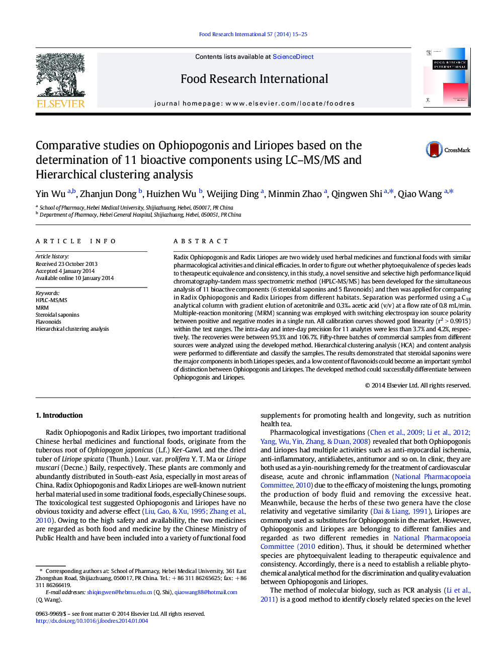 Comparative studies on Ophiopogonis and Liriopes based on the determination of 11 bioactive components using LC-MS/MS and Hierarchical clustering analysis