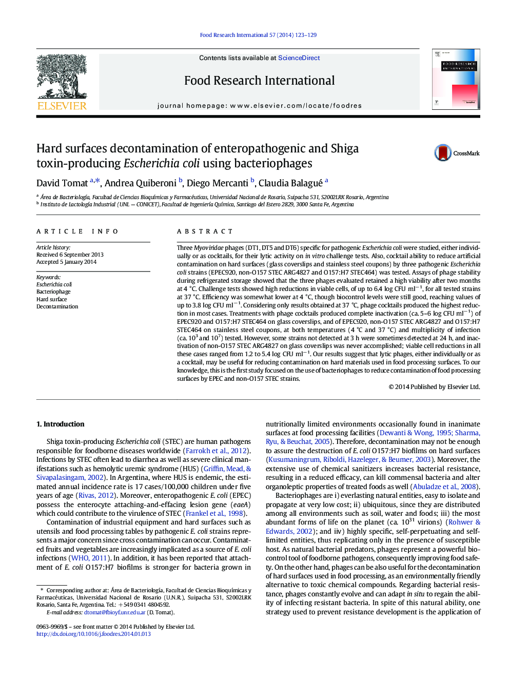 Hard surfaces decontamination of enteropathogenic and Shiga toxin-producing Escherichia coli using bacteriophages