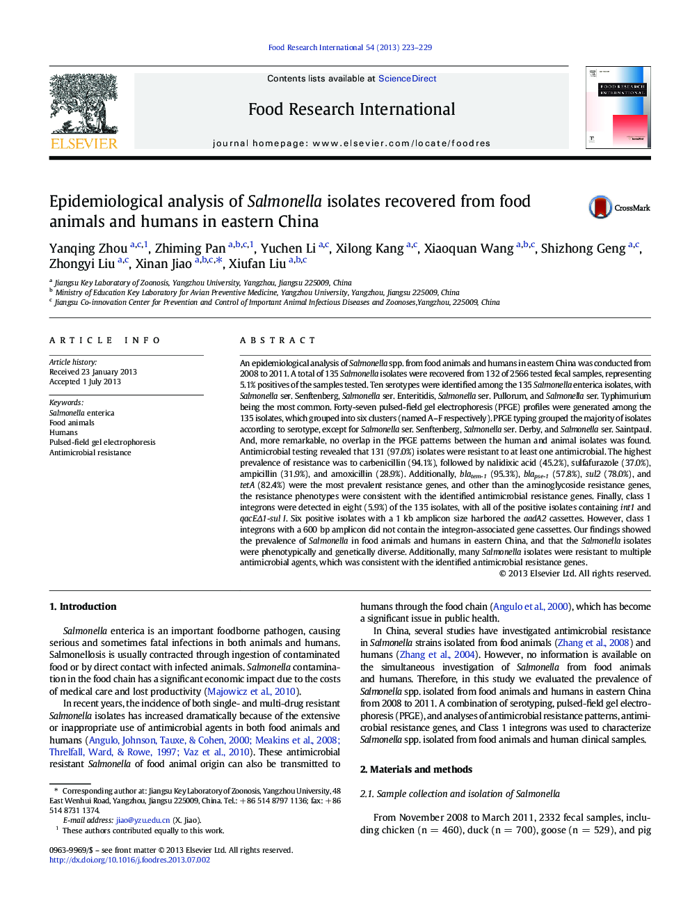 تجزیه و تحلیل اپیدمیولوژیک جدایی های سالمونلا از حیوانات و انسان های مواد غذایی در شرق چین است 