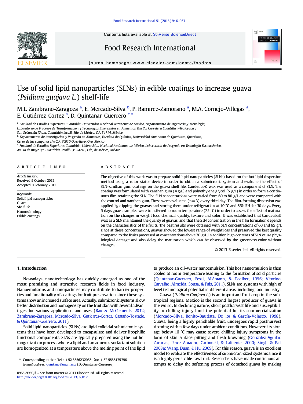 Use of solid lipid nanoparticles (SLNs) in edible coatings to increase guava (Psidium guajava L.) shelf-life