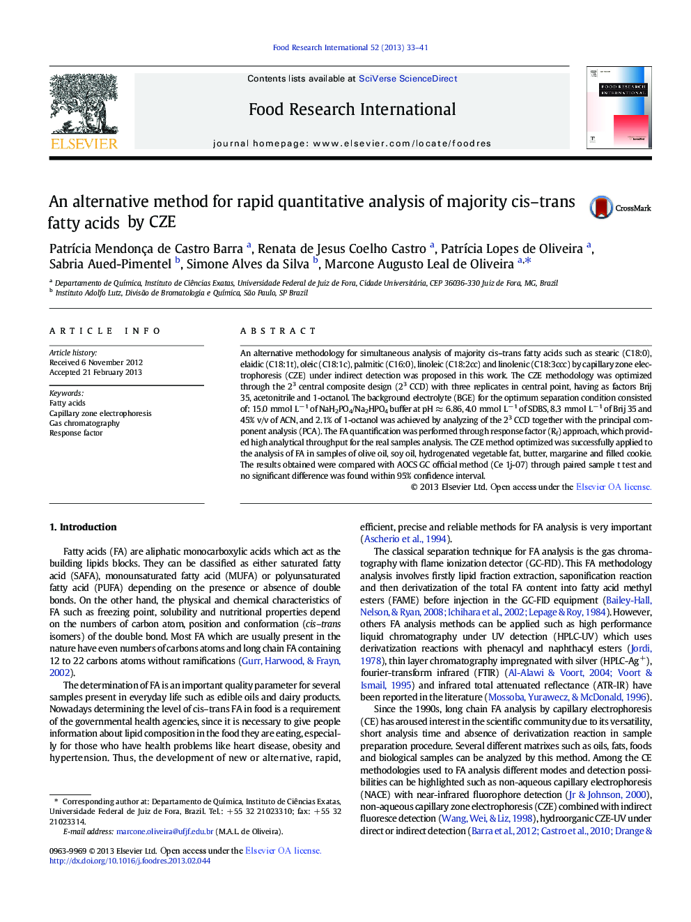 An alternative method for rapid quantitative analysis of majority cis-trans fatty acids by CZE