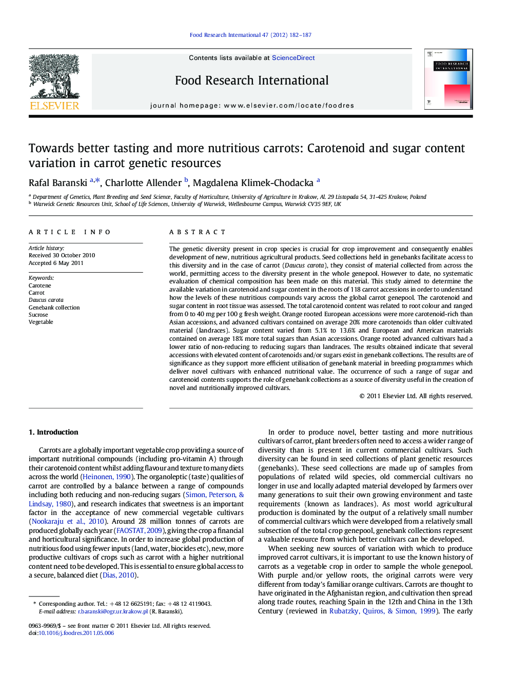 Towards better tasting and more nutritious carrots: Carotenoid and sugar content variation in carrot genetic resources