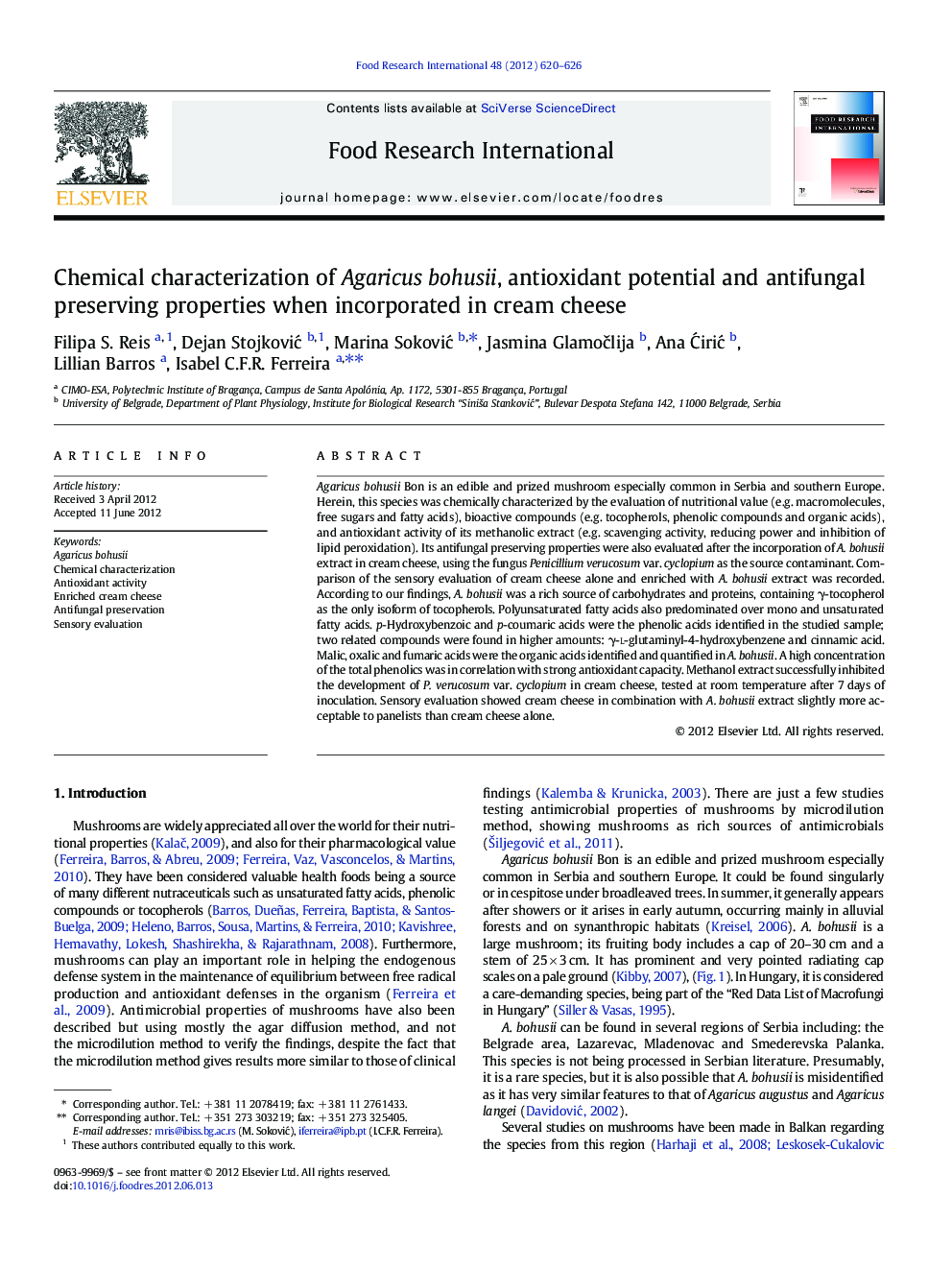 Chemical characterization of Agaricus bohusii, antioxidant potential and antifungal preserving properties when incorporated in cream cheese