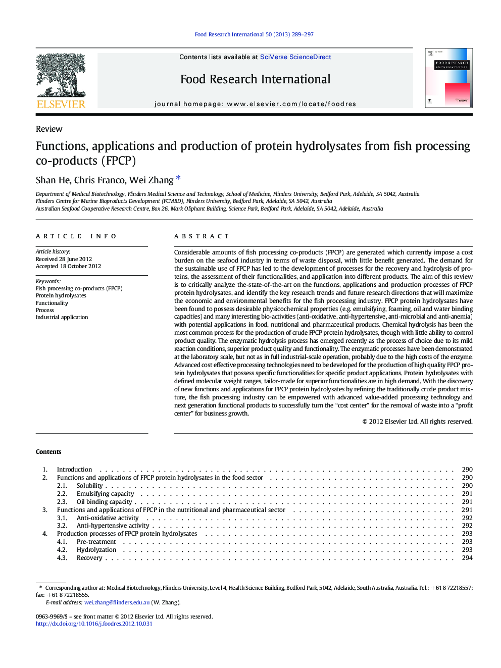 ReviewFunctions, applications and production of protein hydrolysates from fish processing co-products (FPCP)