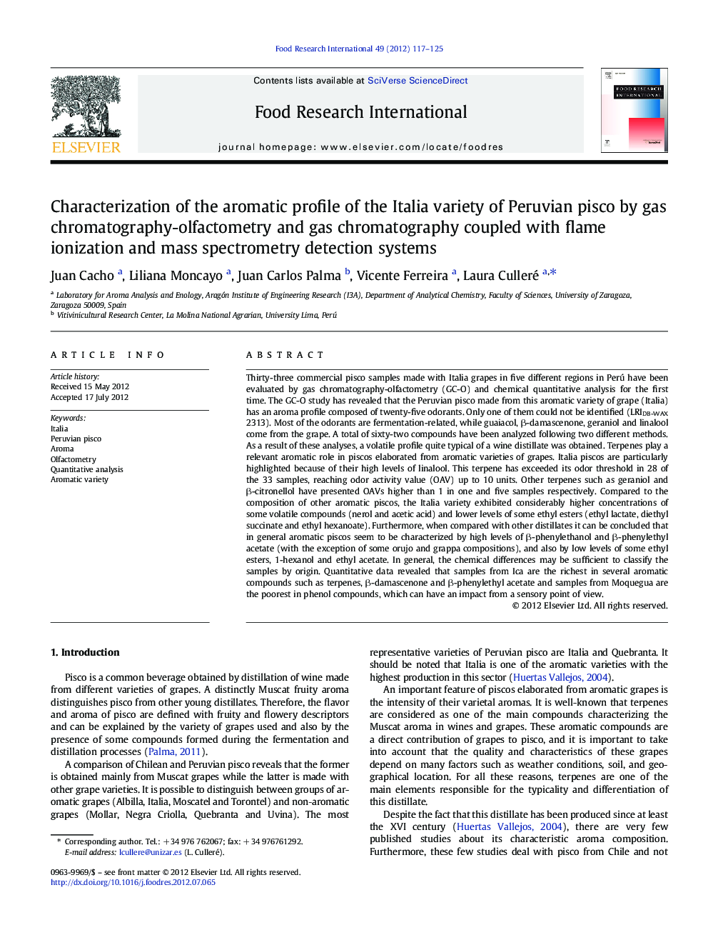 Characterization of the aromatic profile of the Italia variety of Peruvian pisco by gas chromatography-olfactometry and gas chromatography coupled with flame ionization and mass spectrometry detection systems