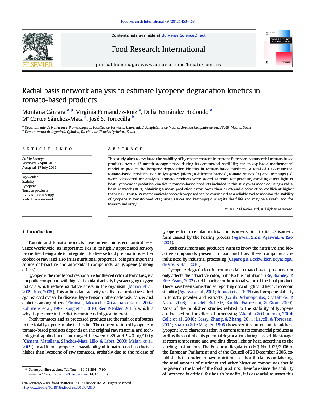 Radial basis network analysis to estimate lycopene degradation kinetics in tomato-based products