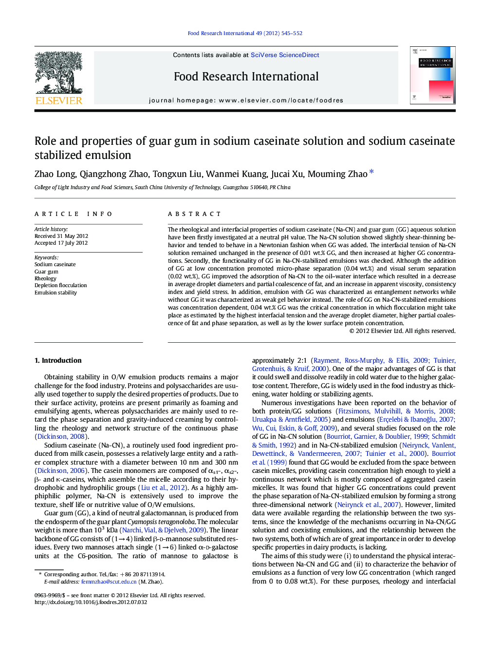 Role and properties of guar gum in sodium caseinate solution and sodium caseinate stabilized emulsion