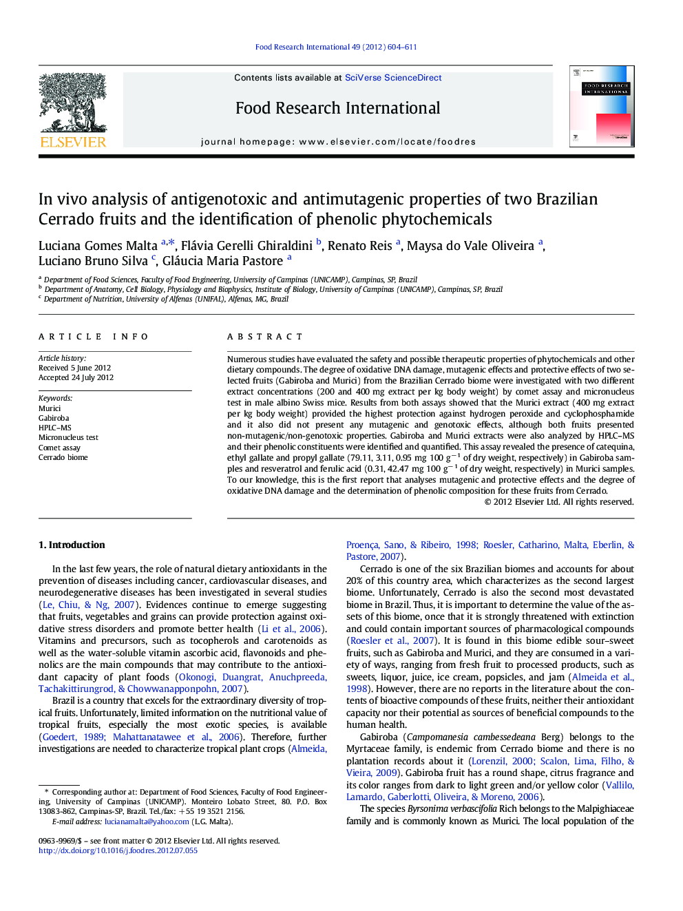 In vivo analysis of antigenotoxic and antimutagenic properties of two Brazilian Cerrado fruits and the identification of phenolic phytochemicals