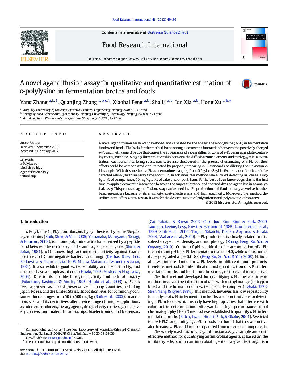 A novel agar diffusion assay for qualitative and quantitative estimation of Îµ-polylysine in fermentation broths and foods