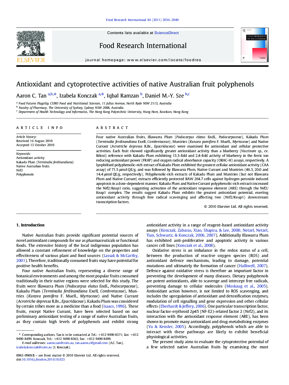 Antioxidant and cytoprotective activities of native Australian fruit polyphenols