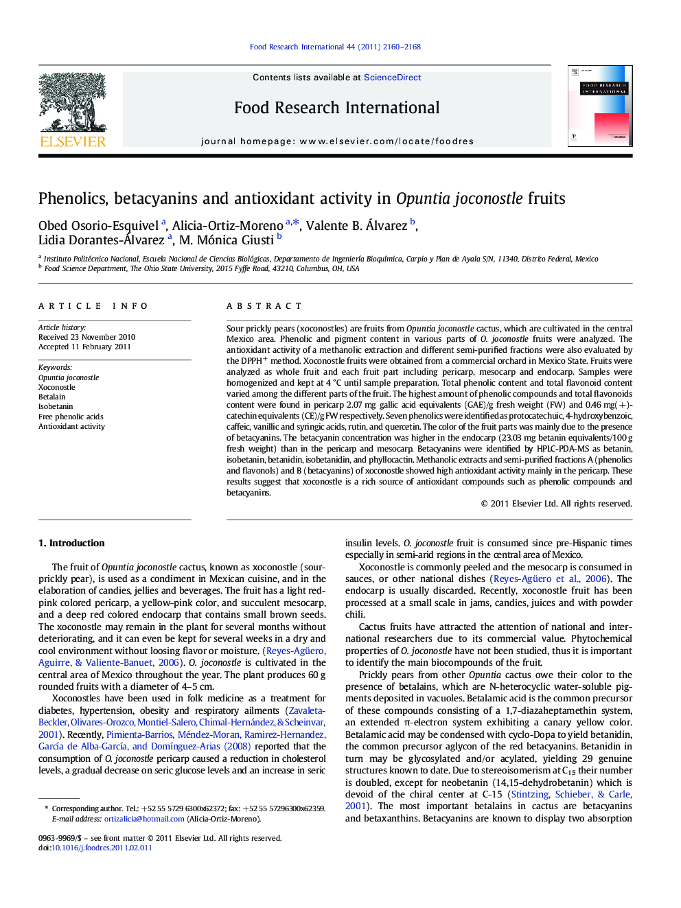 Phenolics, betacyanins and antioxidant activity in Opuntia joconostle fruits