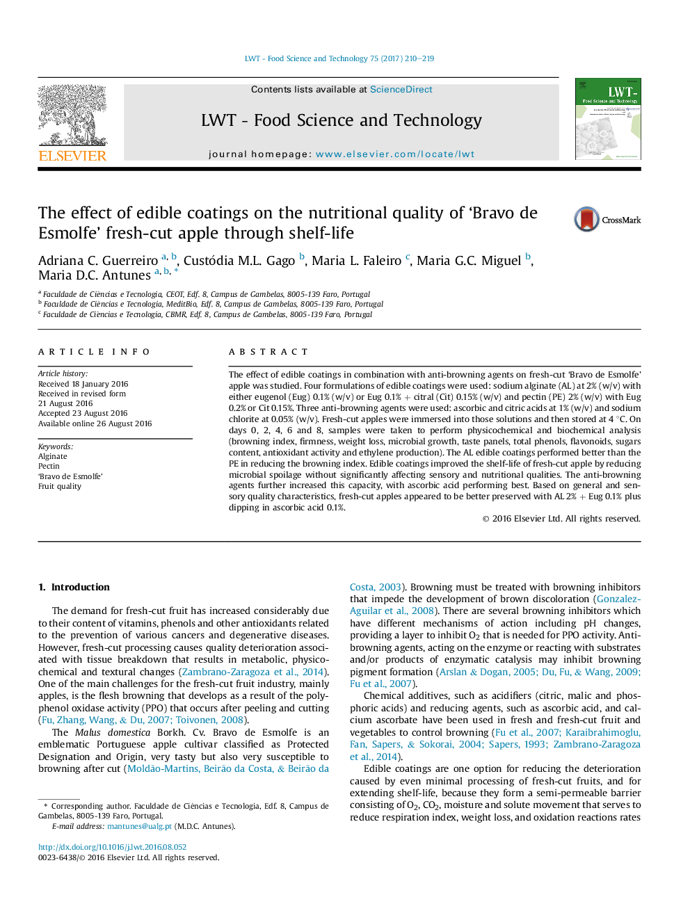 The effect of edible coatings on the nutritional quality of 'Bravo de Esmolfe' fresh-cut apple through shelf-life