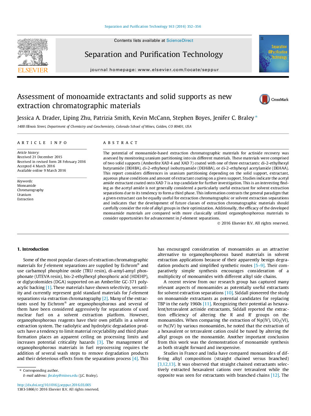 بررسی استخراج monoamide و حمایت های جامد به عنوان مواد کروماتوگرافی استخراج جدید