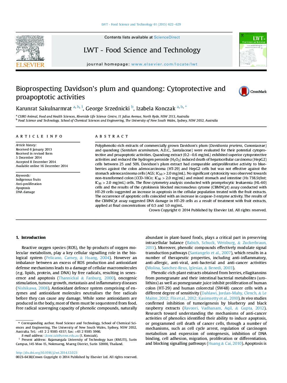 Bioprospecting Davidson's plum and quandong: Cytoprotective and proapoptotic activities