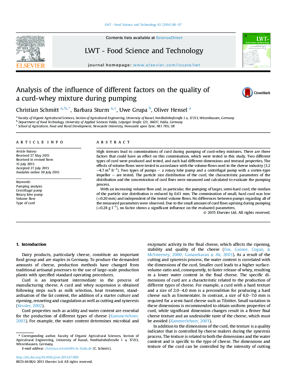 Analysis of the influence of different factors on the quality of aÂ curd-whey mixture during pumping