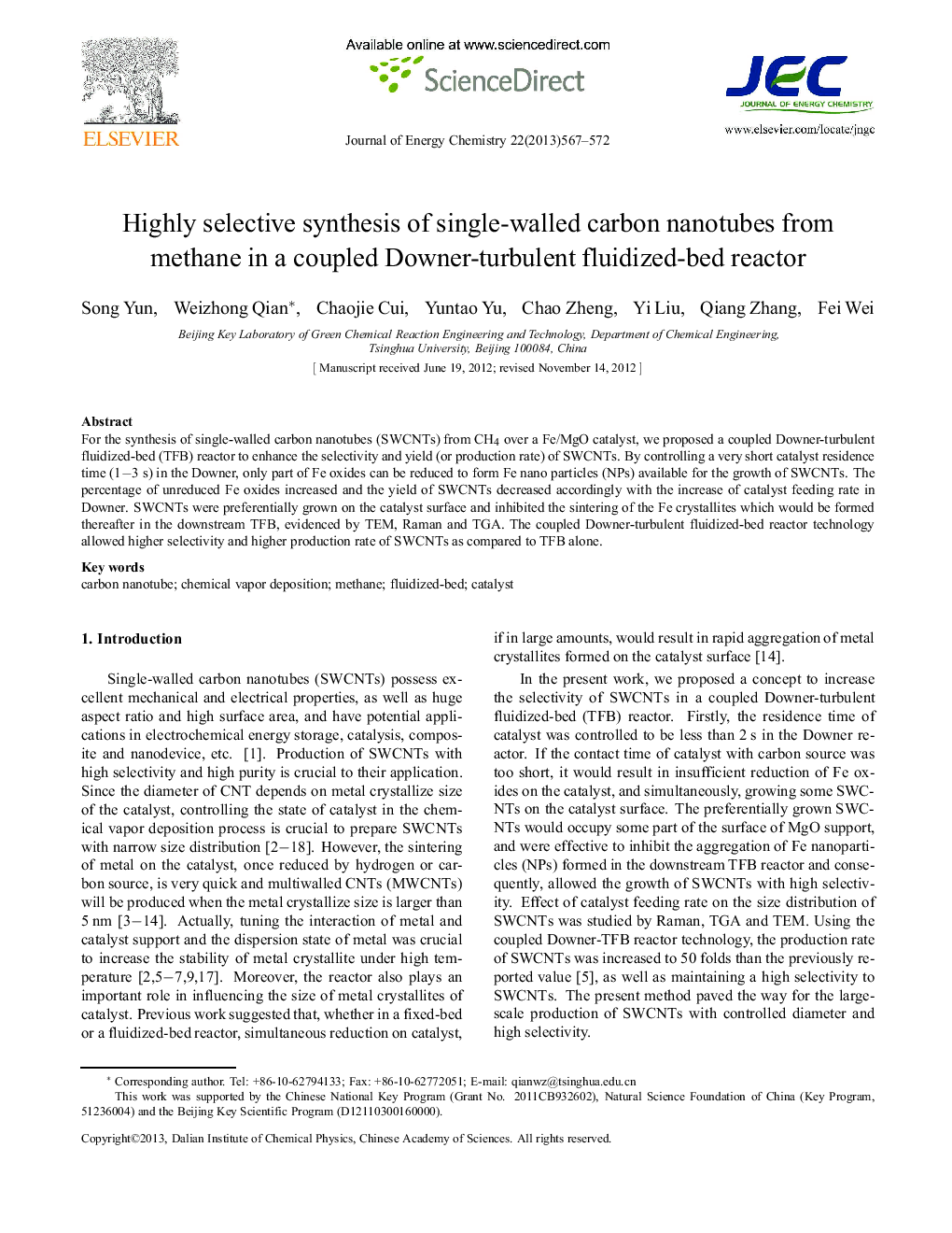 Highly selective synthesis of single-walled carbon nanotubes from methane in a coupled Downer-turbulent fluidized-bed reactor 